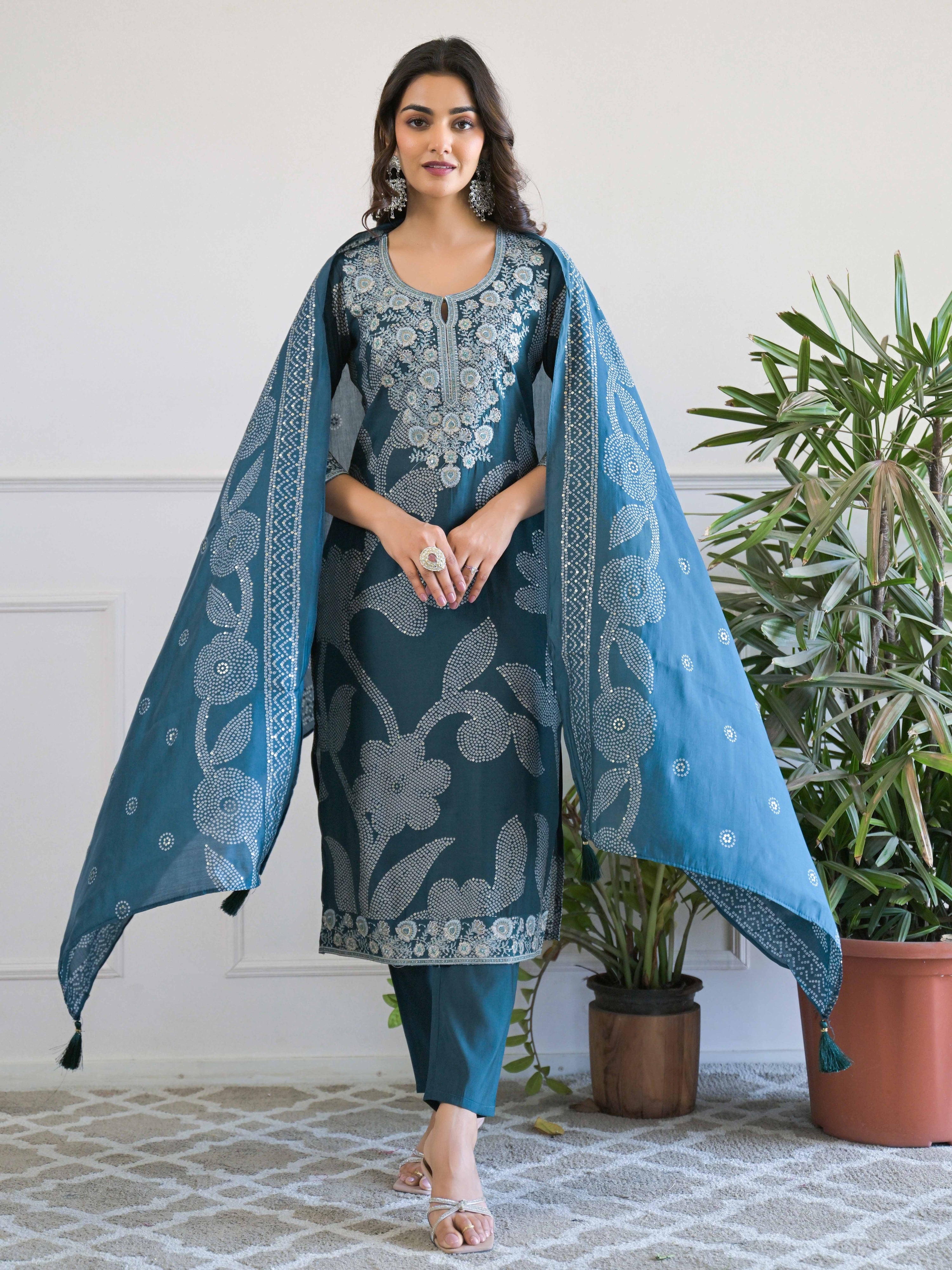 Teal  Floral Thread Work Kurta Set for Women - TLS