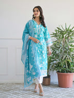 Blue Floral Printed Motifs Kurta Set for Women - TLS