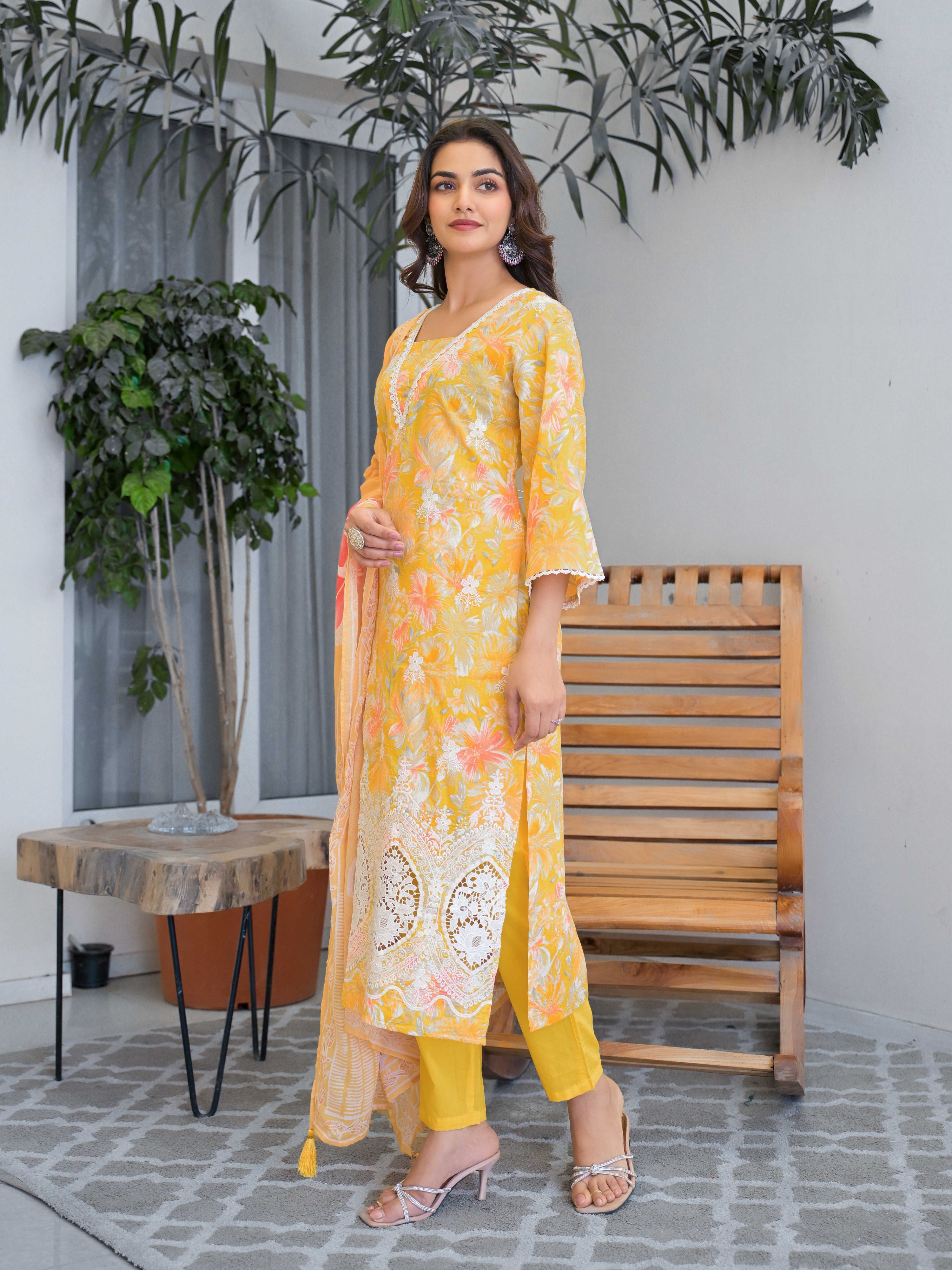 Yellow Floral Printed Motifs Kurta Set for Women - TLS
