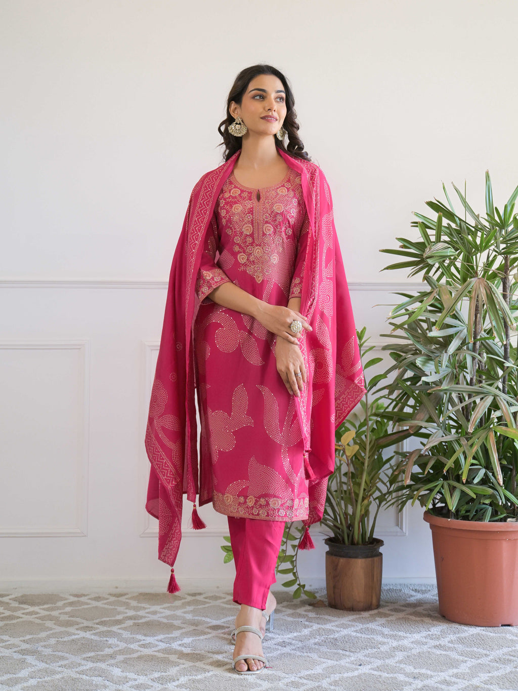 Pink Floral Thread Work Kurta Set for Women - TLS