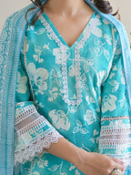 Blue Floral Printed Motifs Kurta Set for Women - TLS