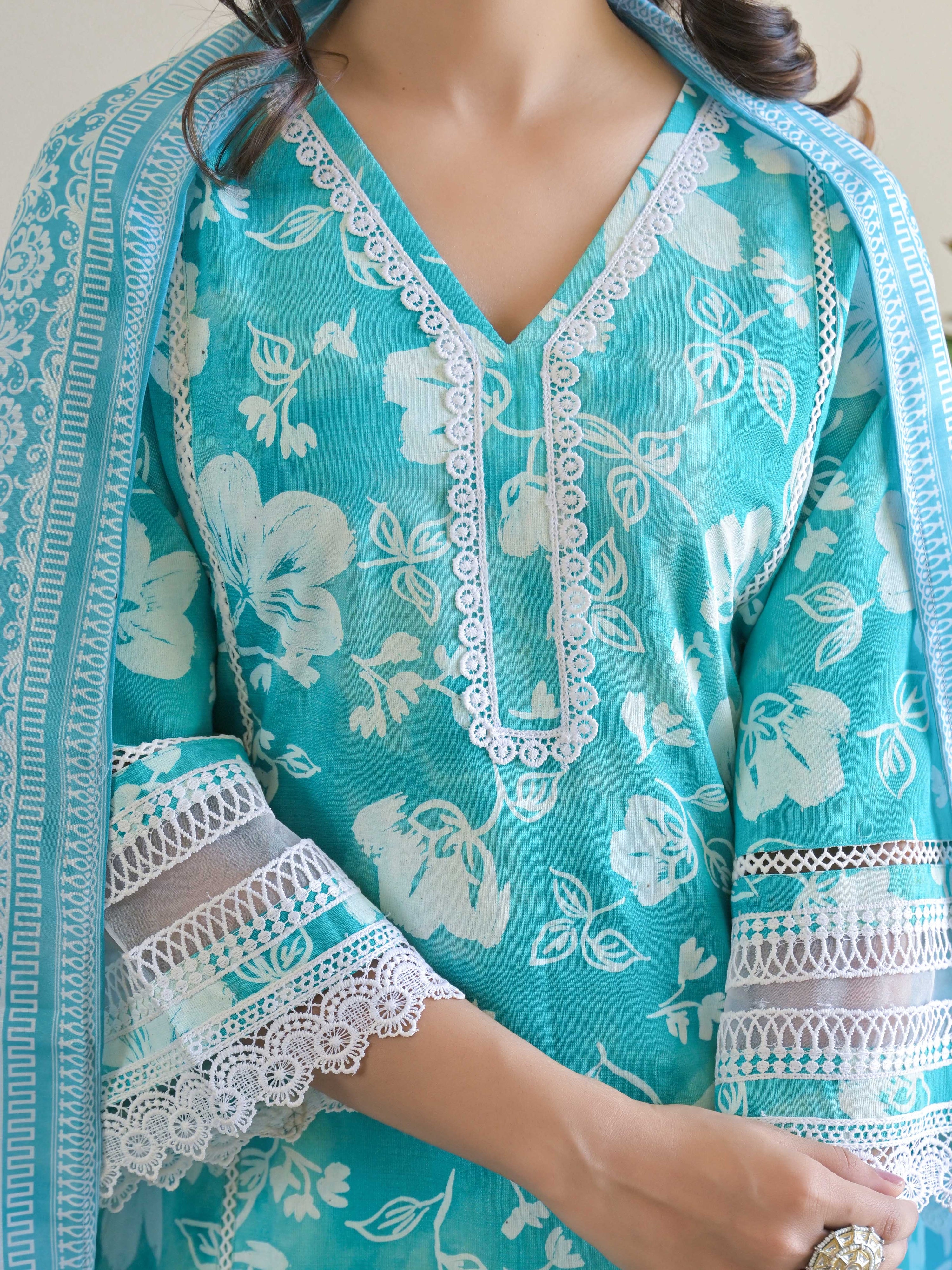 Blue Floral Printed Motifs Kurta Set for Women - TLS