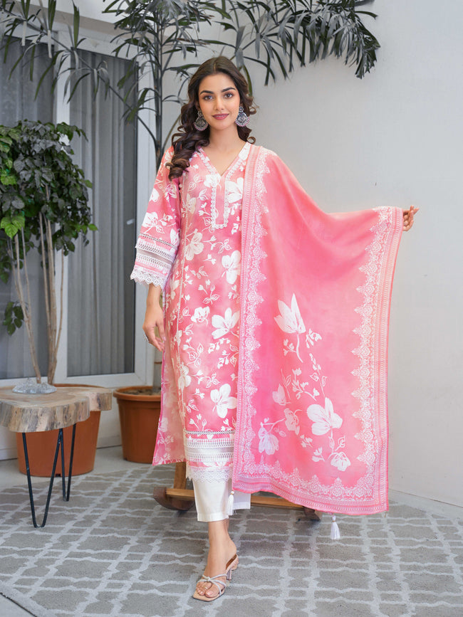Pink Floral Printed Motifs Kurta Set for Women - TLS Hover Image