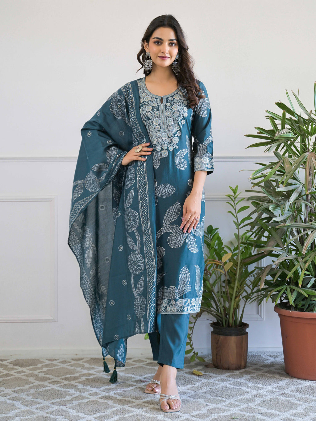 Teal  Floral Thread Work Kurta Set for Women - TLS