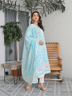 Light Blue Floral Printed Motifs Kurta Set for Women - TLS