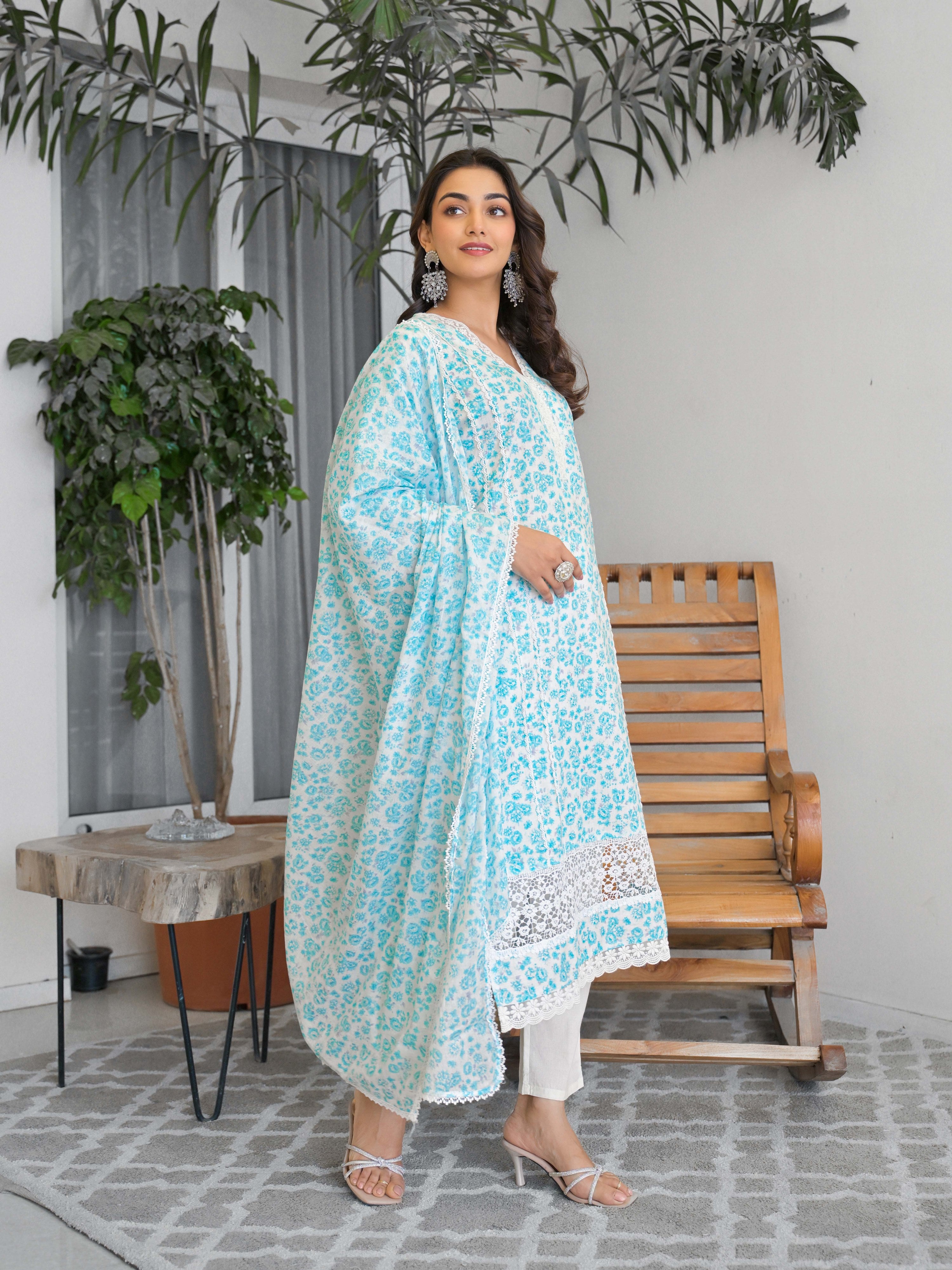 Light Blue Floral Printed Motifs Kurta Set for Women - TLS
