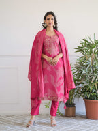 Pink Floral Thread Work Kurta Set for Women - TLS