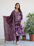 Purple Floral Thread Work Kurta Set for Women - TLS
