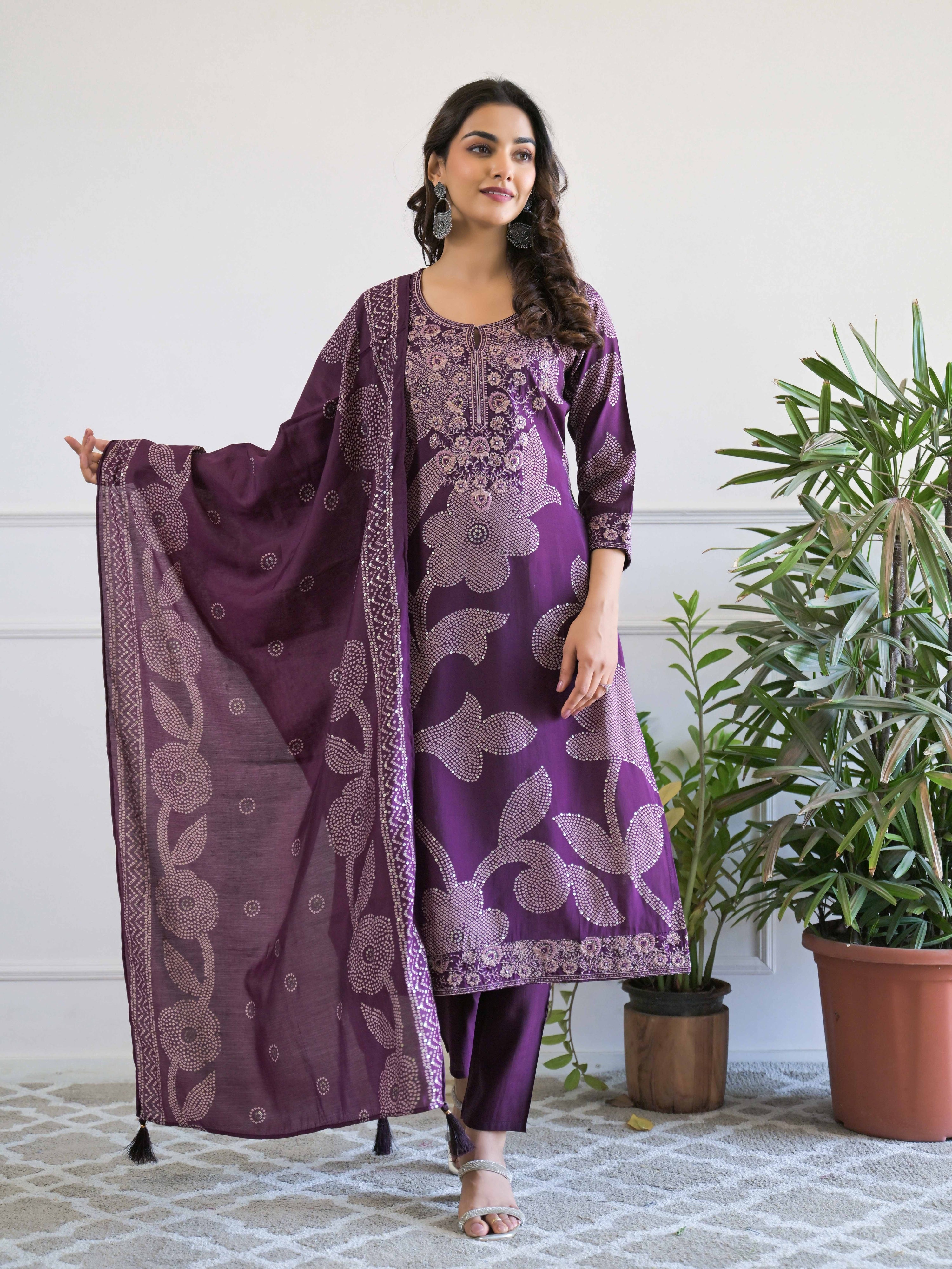 Purple Floral Thread Work Kurta Set for Women - TLS