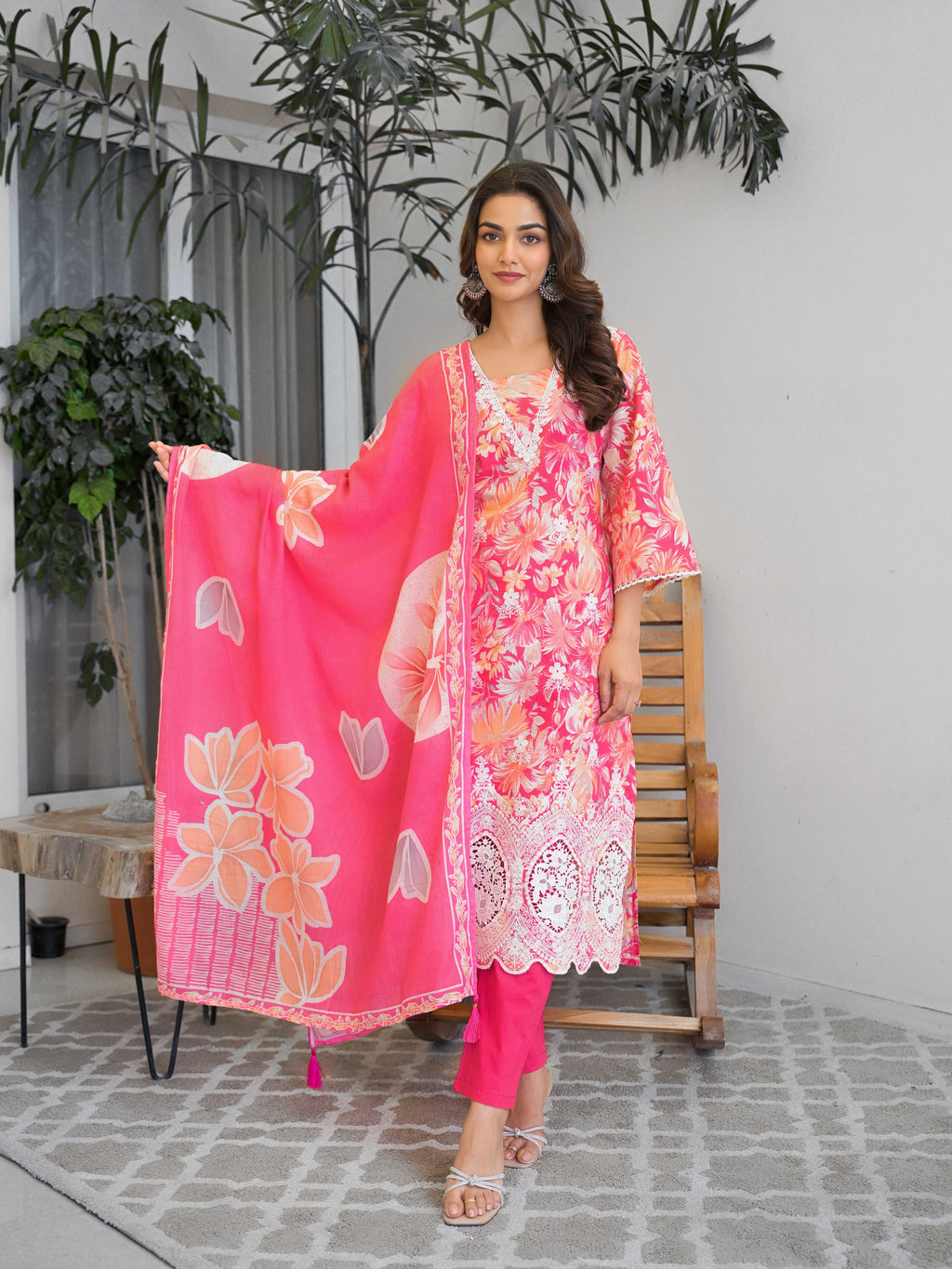 Bright Pink Floral Printed Motifs Kurta Set for Women - TLS