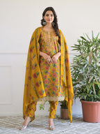 Mustard Floral Thread Work Kurta Set for Women - TLS