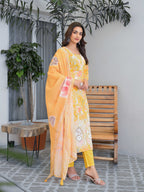 Yellow Floral Printed Motifs Kurta Set for Women - TLS