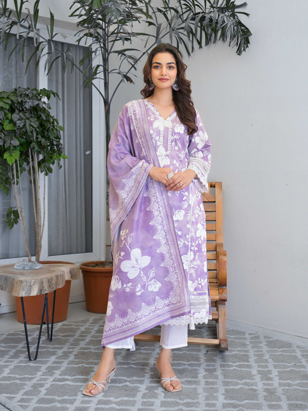 Purple Floral Printed Motifs Kurta Set for Women - TLS
