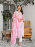 Light Pink Floral Printed Motifs Kurta Set for Women - TLS
