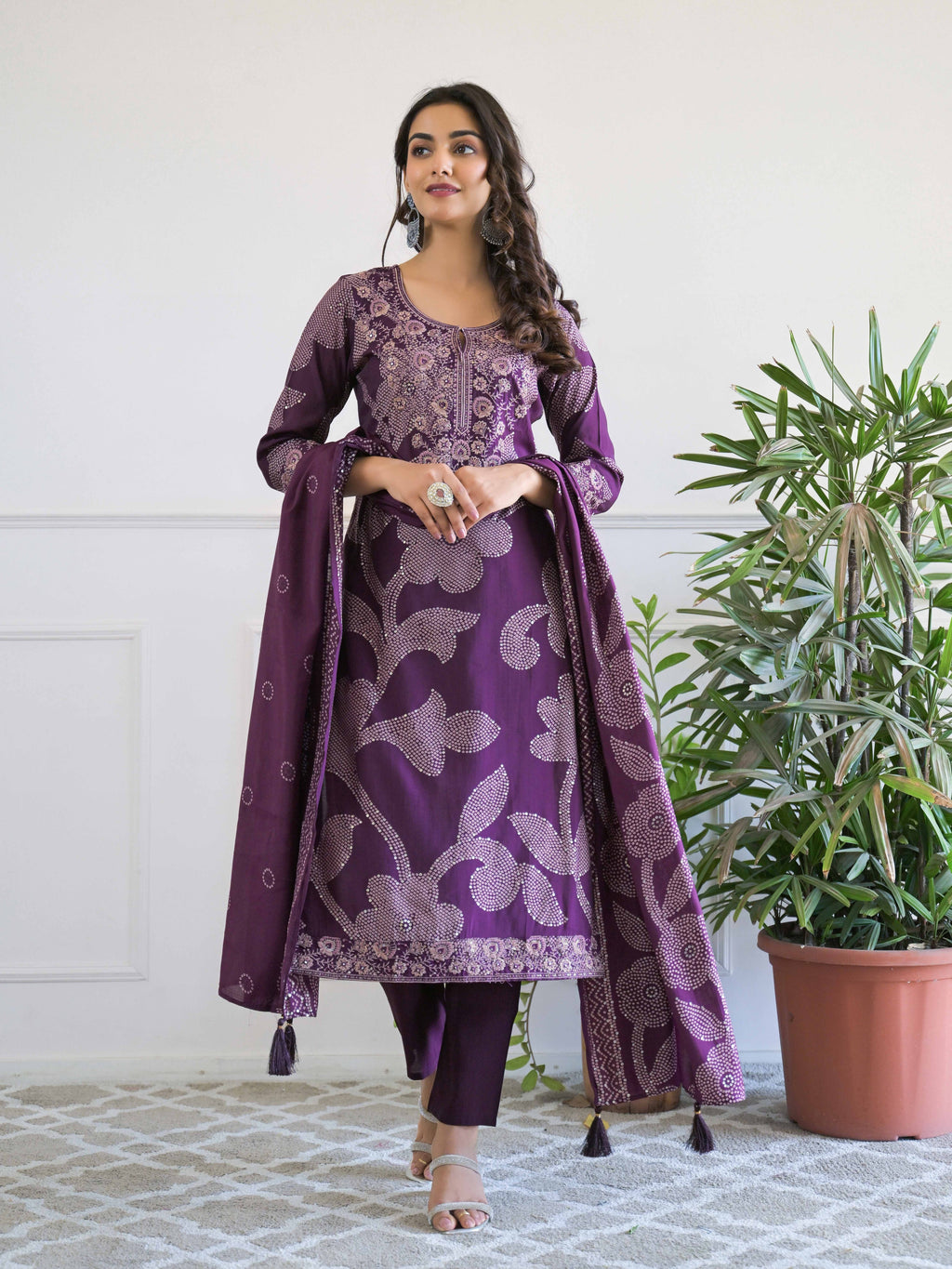 Purple Floral Thread Work Kurta Set for Women - TLS