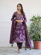 Purple Floral Thread Work Kurta Set for Women - TLS