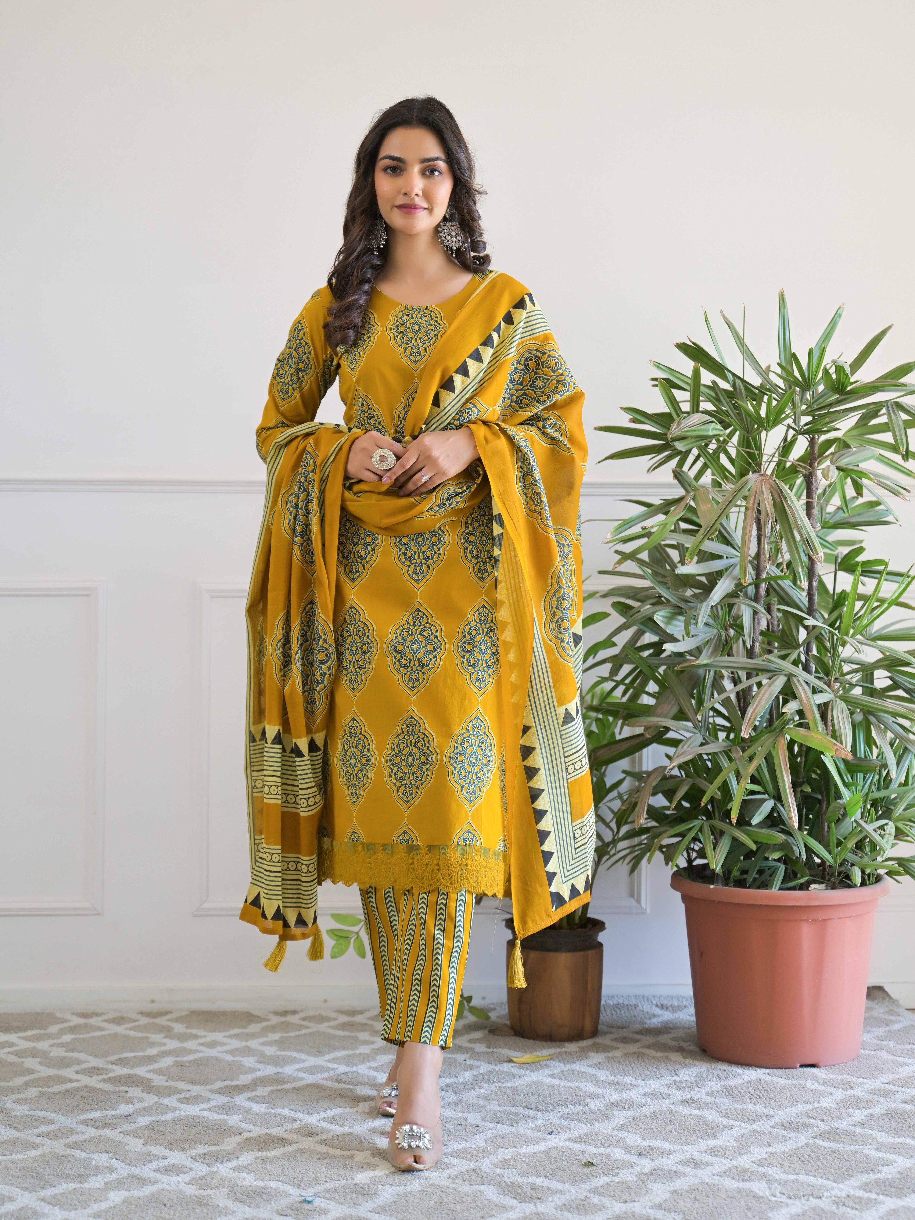 Floral Geometric Printed Kurta Set for Women - TLS