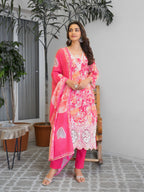 Bright Pink Floral Printed Motifs Kurta Set for Women - TLS