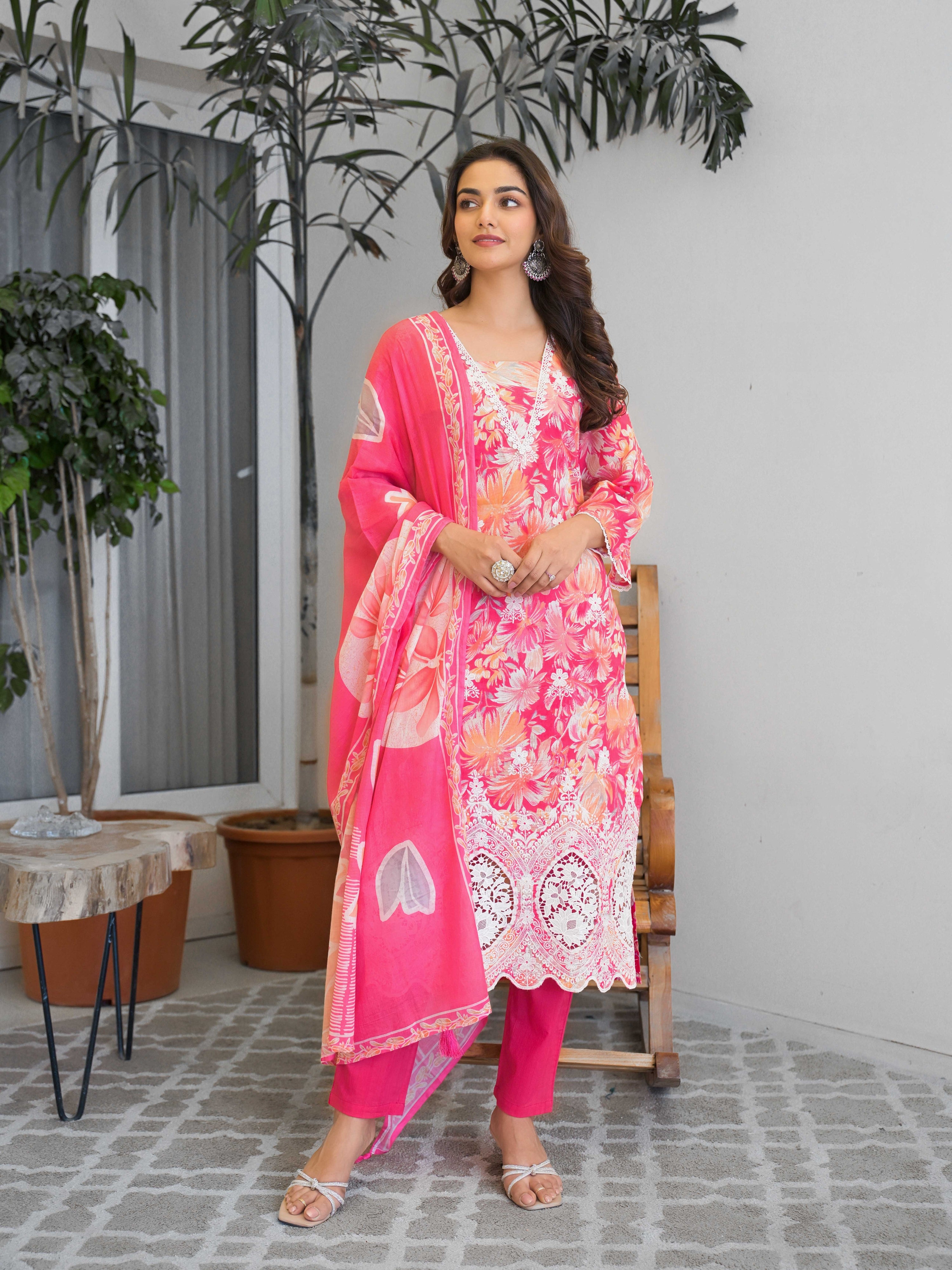 Bright Pink Floral Printed Motifs Kurta Set for Women - TLS