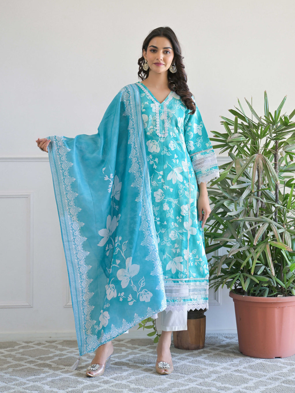 Blue Floral Printed Motifs Kurta Set for Women - TLS