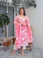 Pink Floral Printed Motifs Kurta Set for Women - TLS