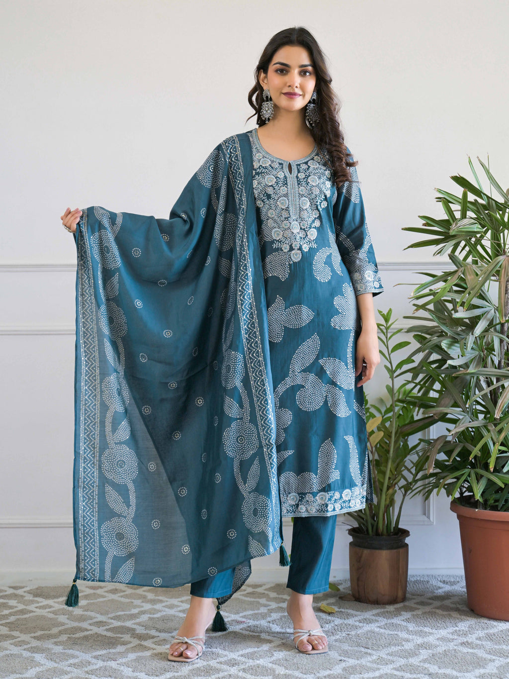 Teal  Floral Thread Work Kurta Set for Women - TLS