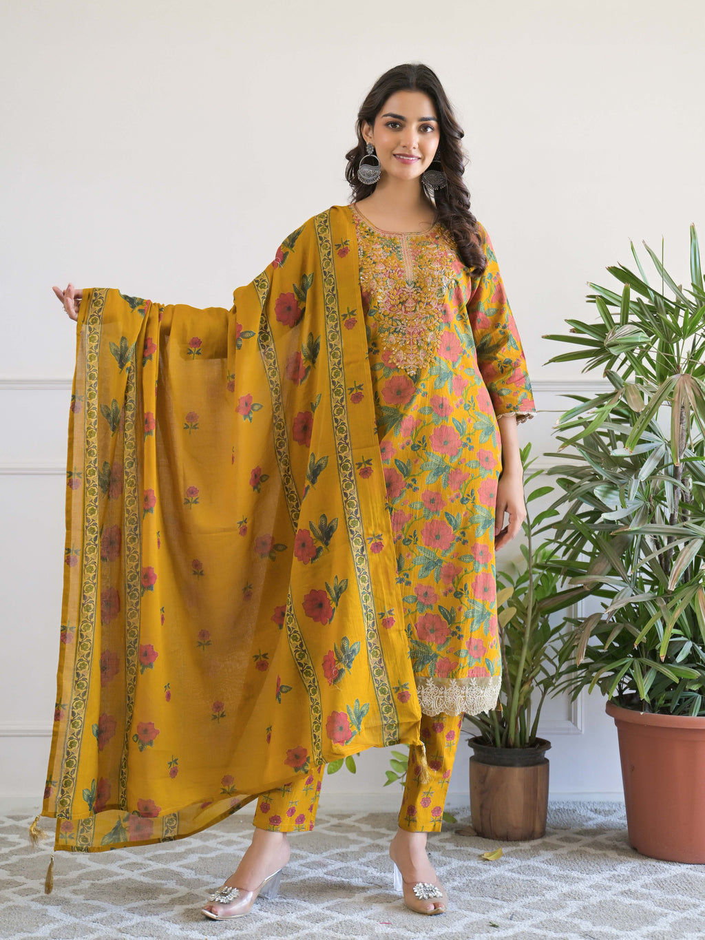 Mustard Floral Thread Work Kurta Set for Women - TLS