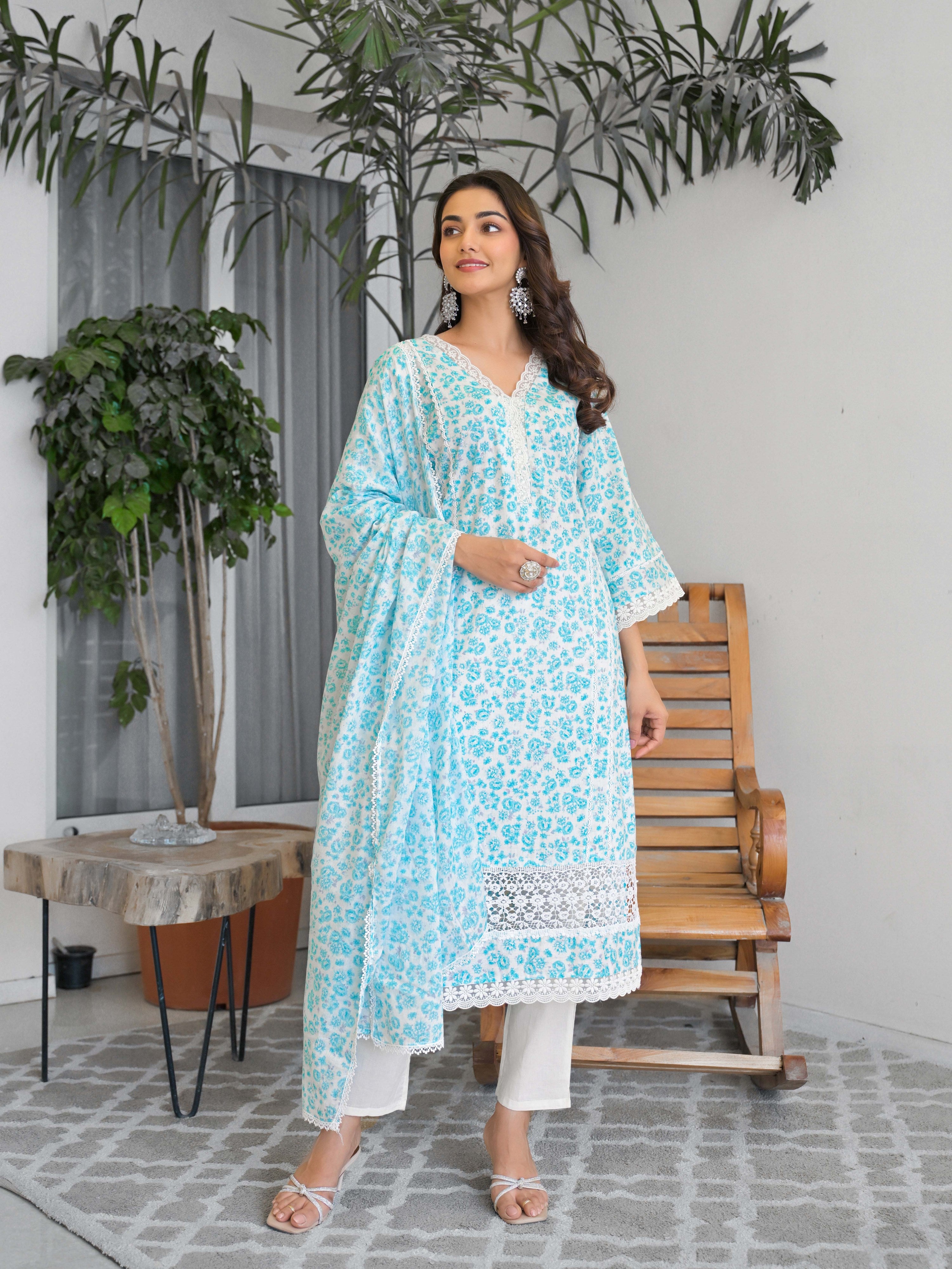 Light Blue Floral Printed Motifs Kurta Set for Women - TLS