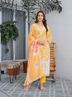 Yellow Floral Printed Motifs Kurta Set for Women - TLS