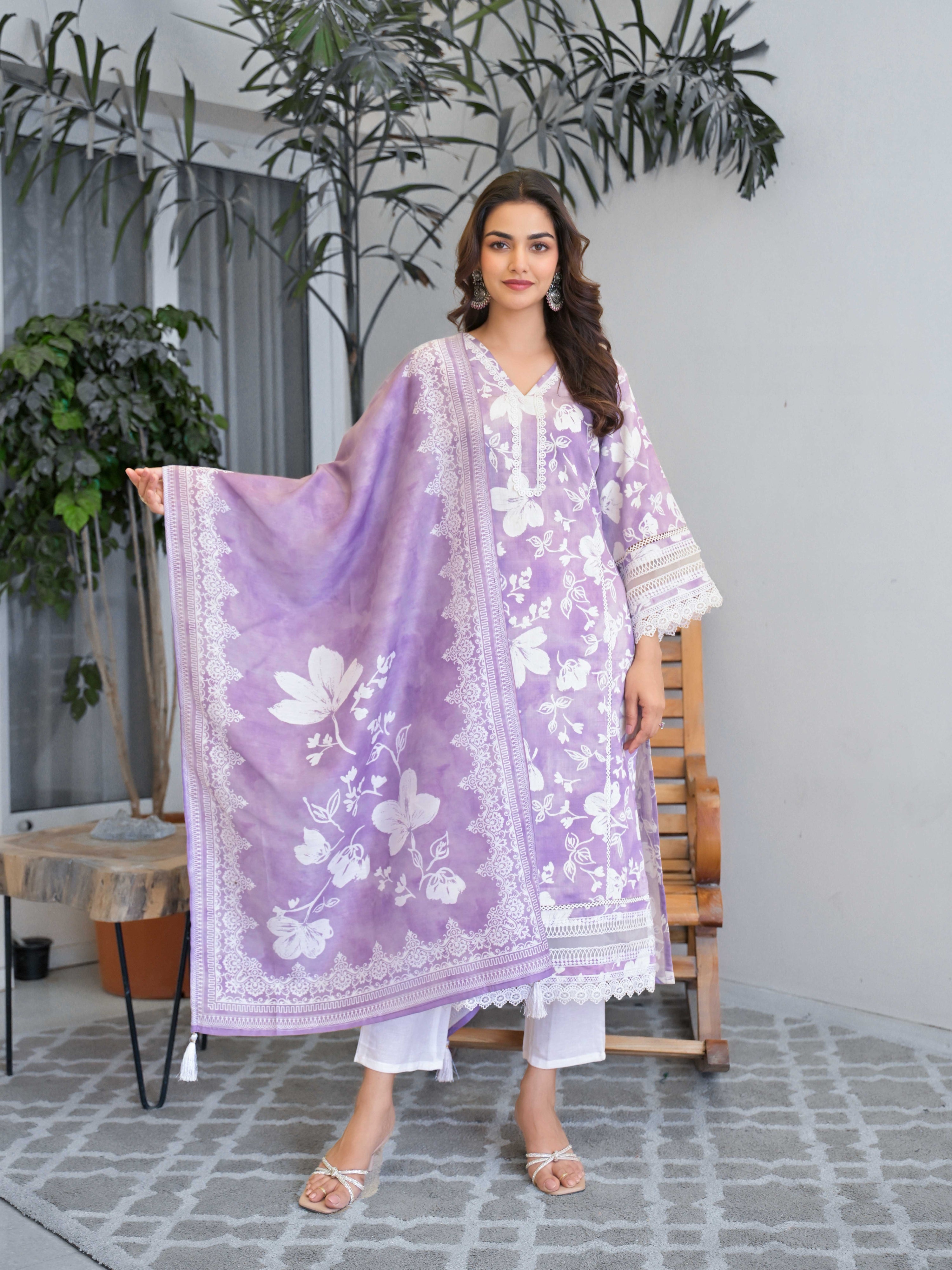 Purple Floral Printed Motifs Kurta Set for Women - TLS