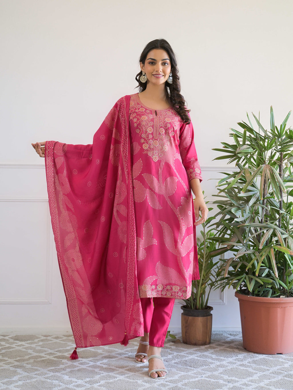 Pink Floral Thread Work Kurta Set for Women - TLS