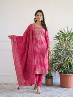 Pink Floral Thread Work Kurta Set for Women - TLS