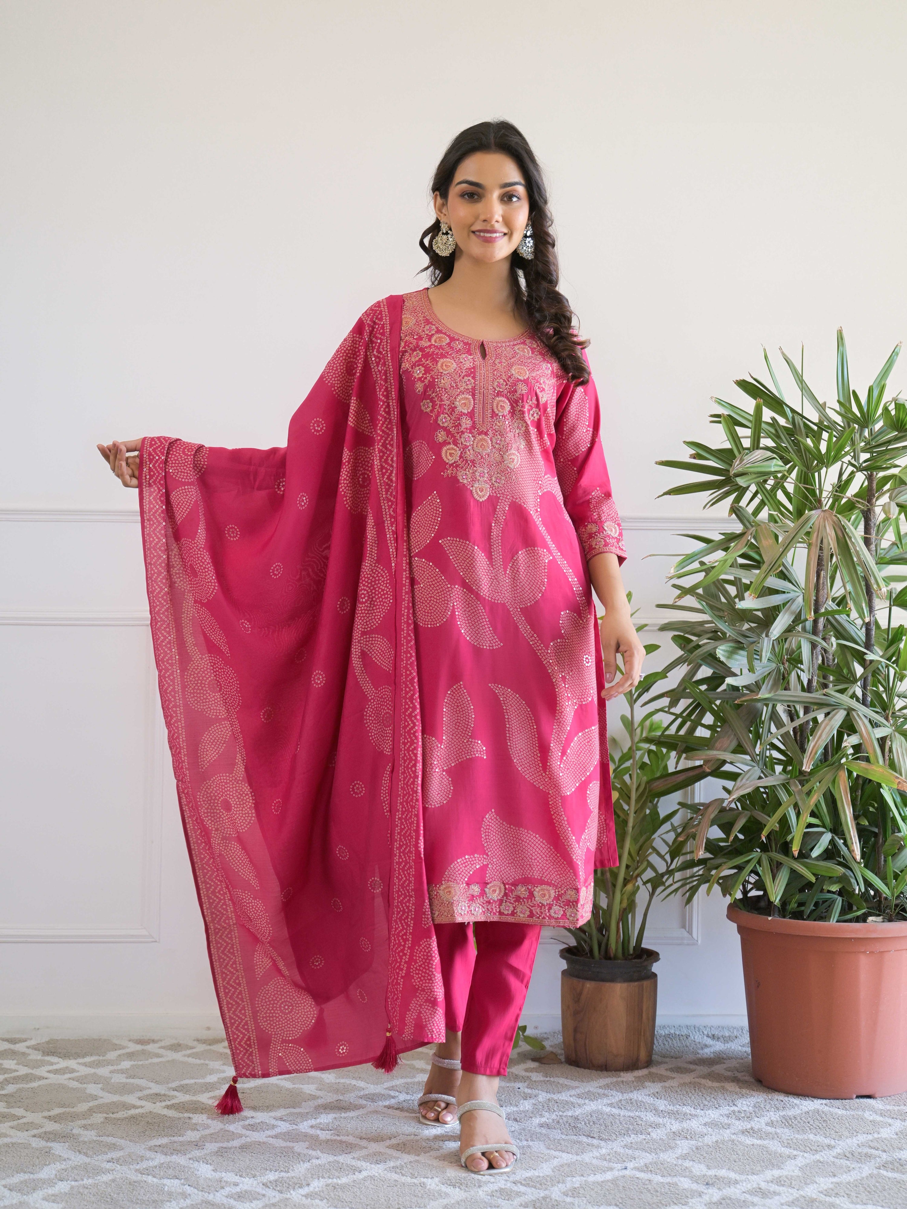 Pink Floral Thread Work Kurta Set for Women - TLS