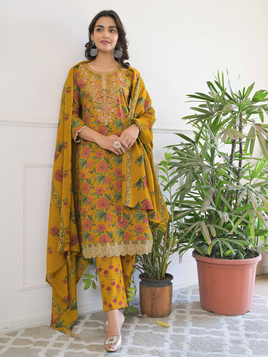 Mustard Floral Thread Work Kurta Set for Women - TLS