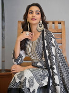 Black And White Motifs Embroidered Kurta Set for Women - TLS