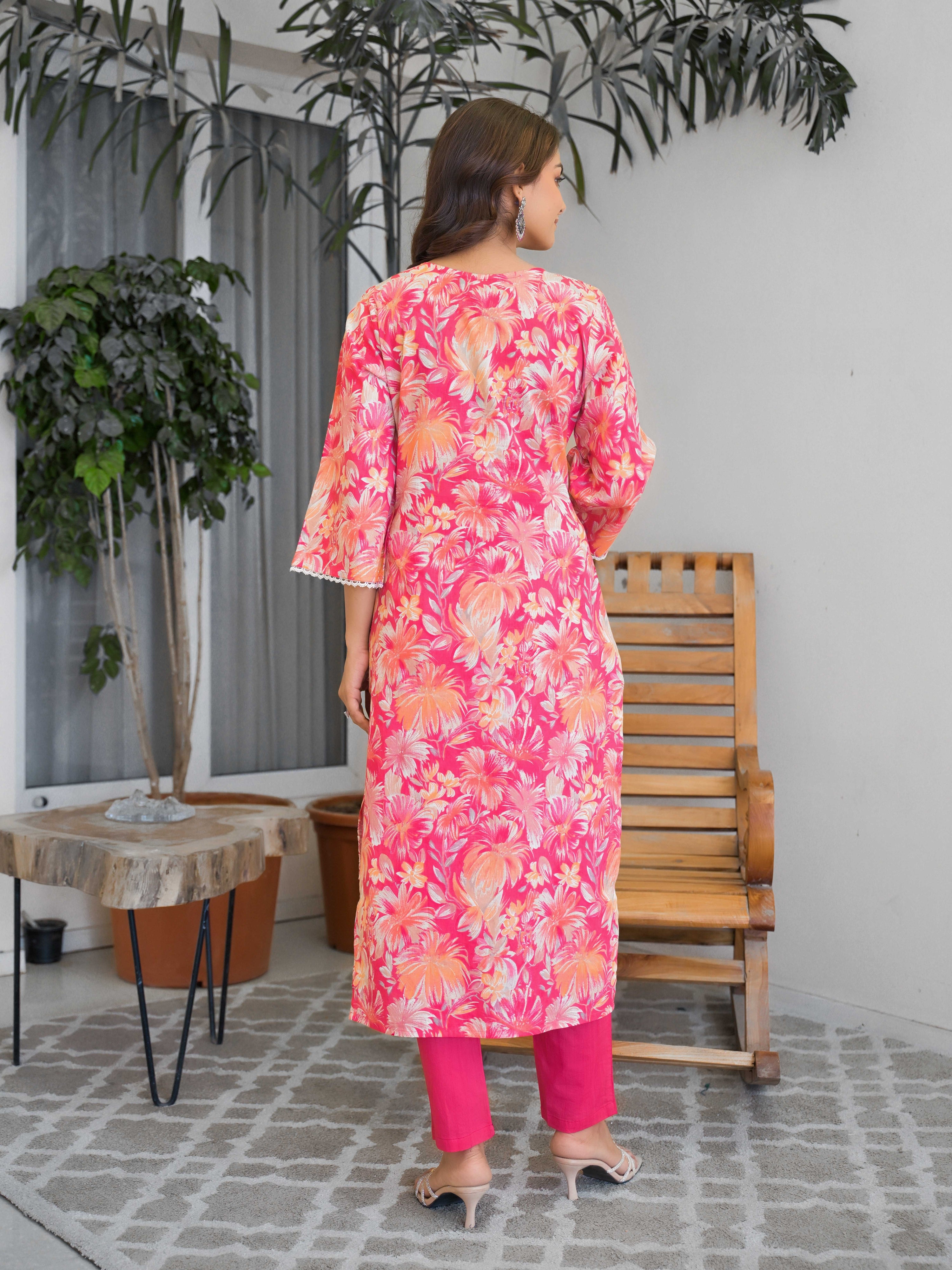 Bright Pink Floral Printed Motifs Kurta Set for Women - TLS
