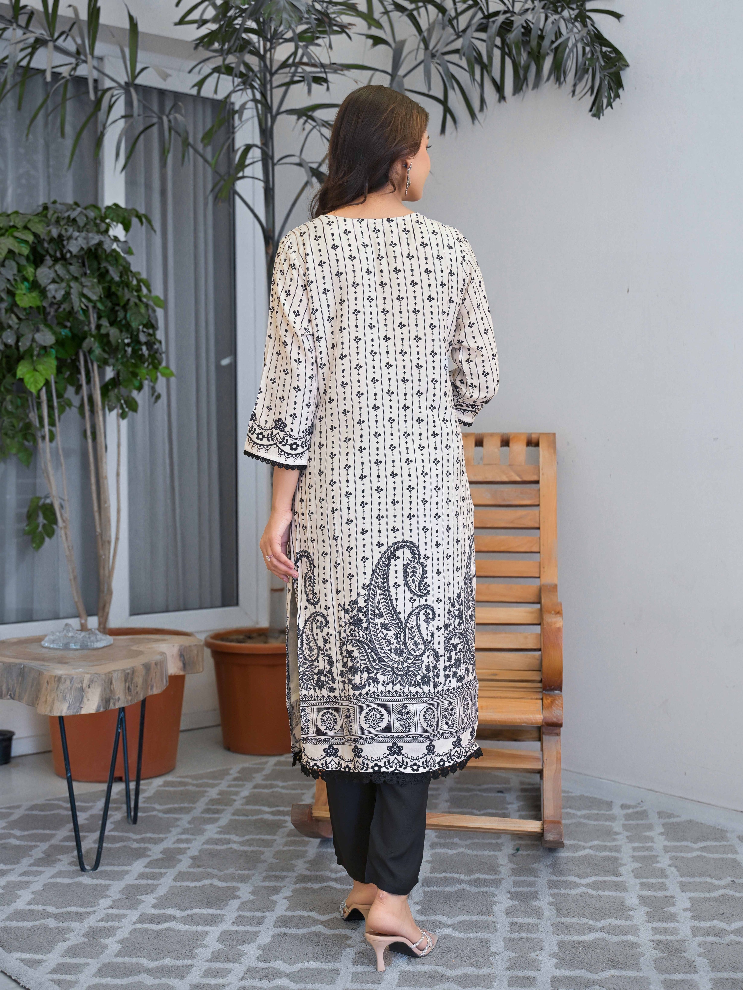 White Motifs Embroidered Kurta Set for Women - TLS