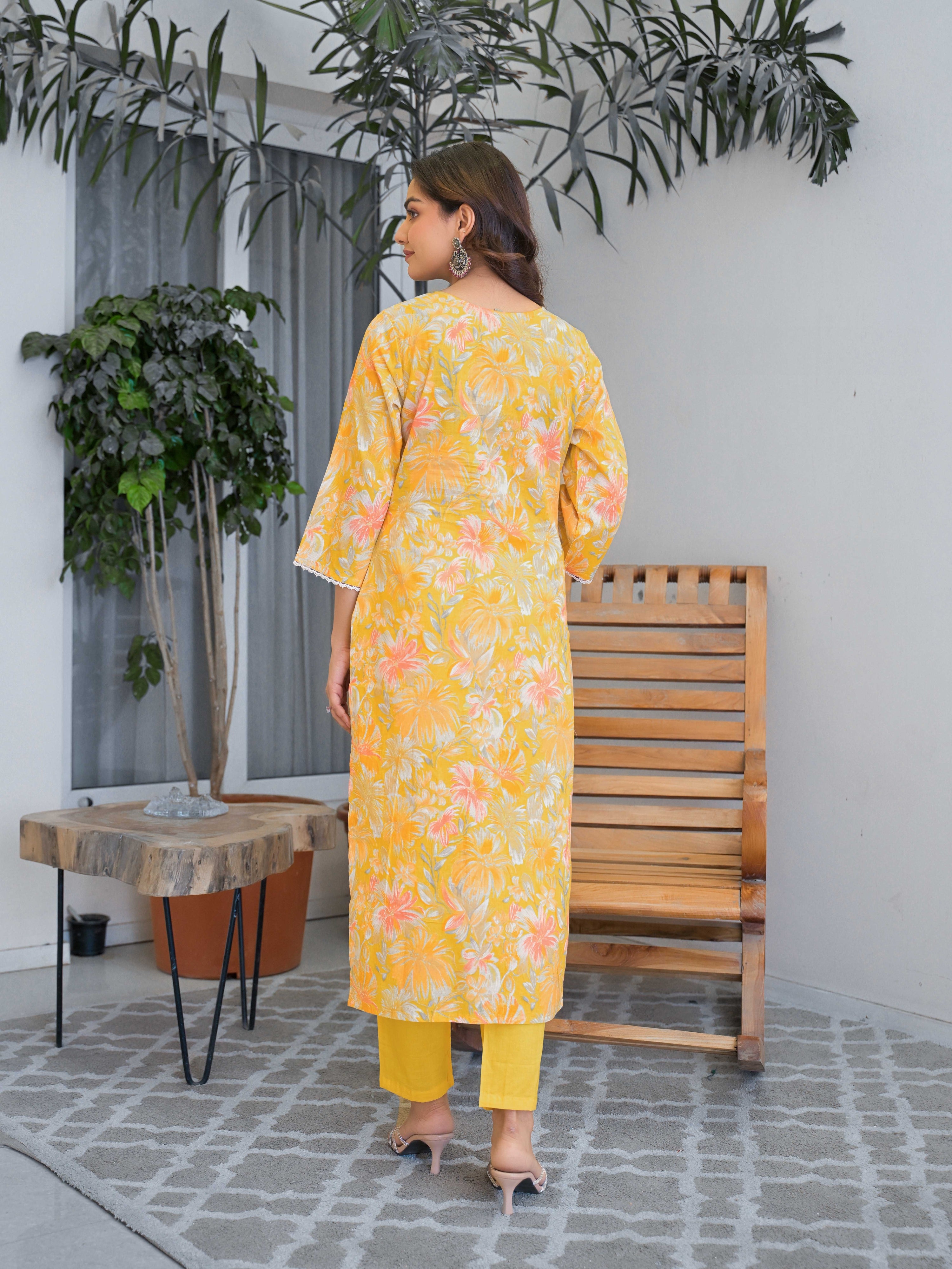 Yellow Floral Printed Motifs Kurta Set for Women - TLS