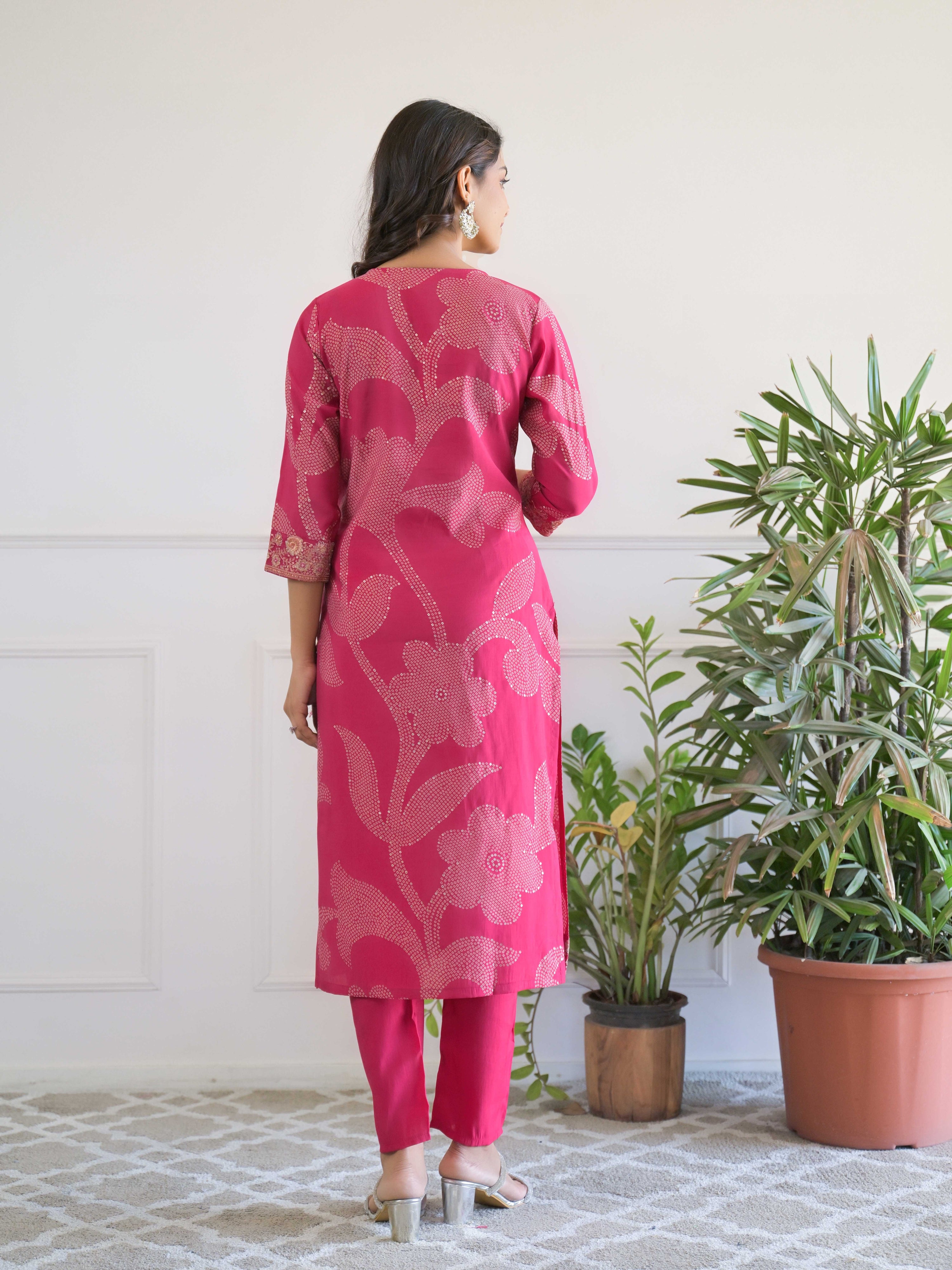 Pink Floral Thread Work Kurta Set for Women - TLS
