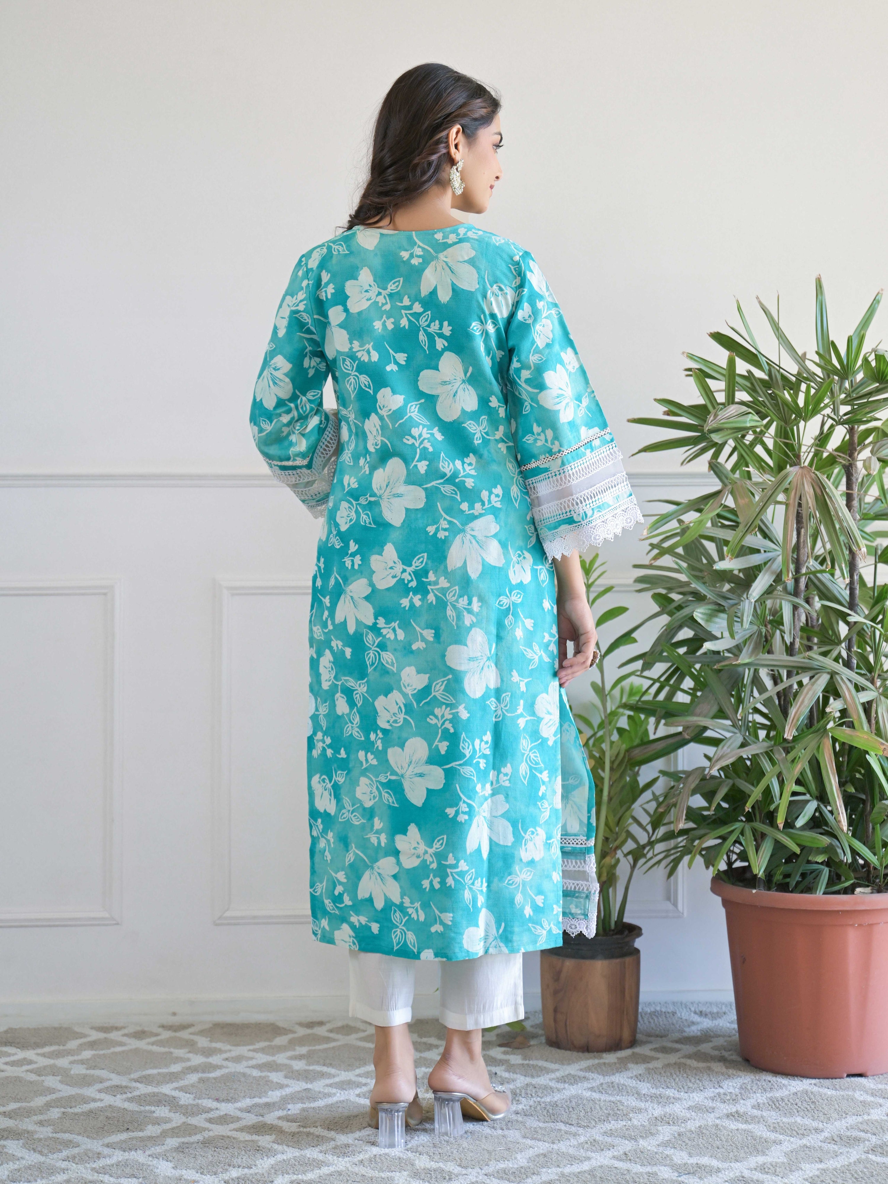 Blue Floral Printed Motifs Kurta Set for Women - TLS