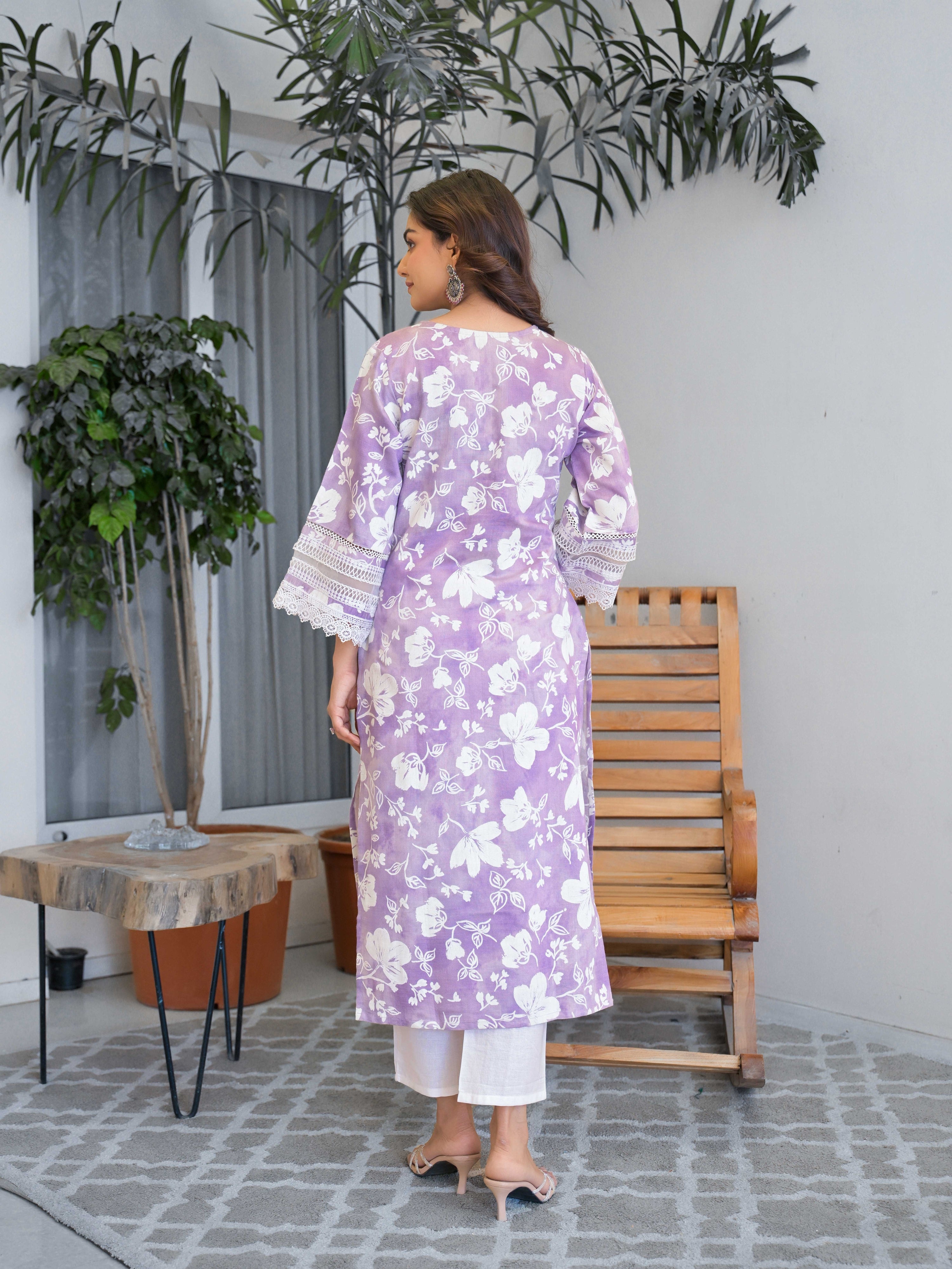 Purple Floral Printed Motifs Kurta Set for Women - TLS