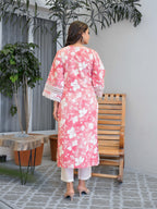 Pink Floral Printed Motifs Kurta Set for Women - TLS