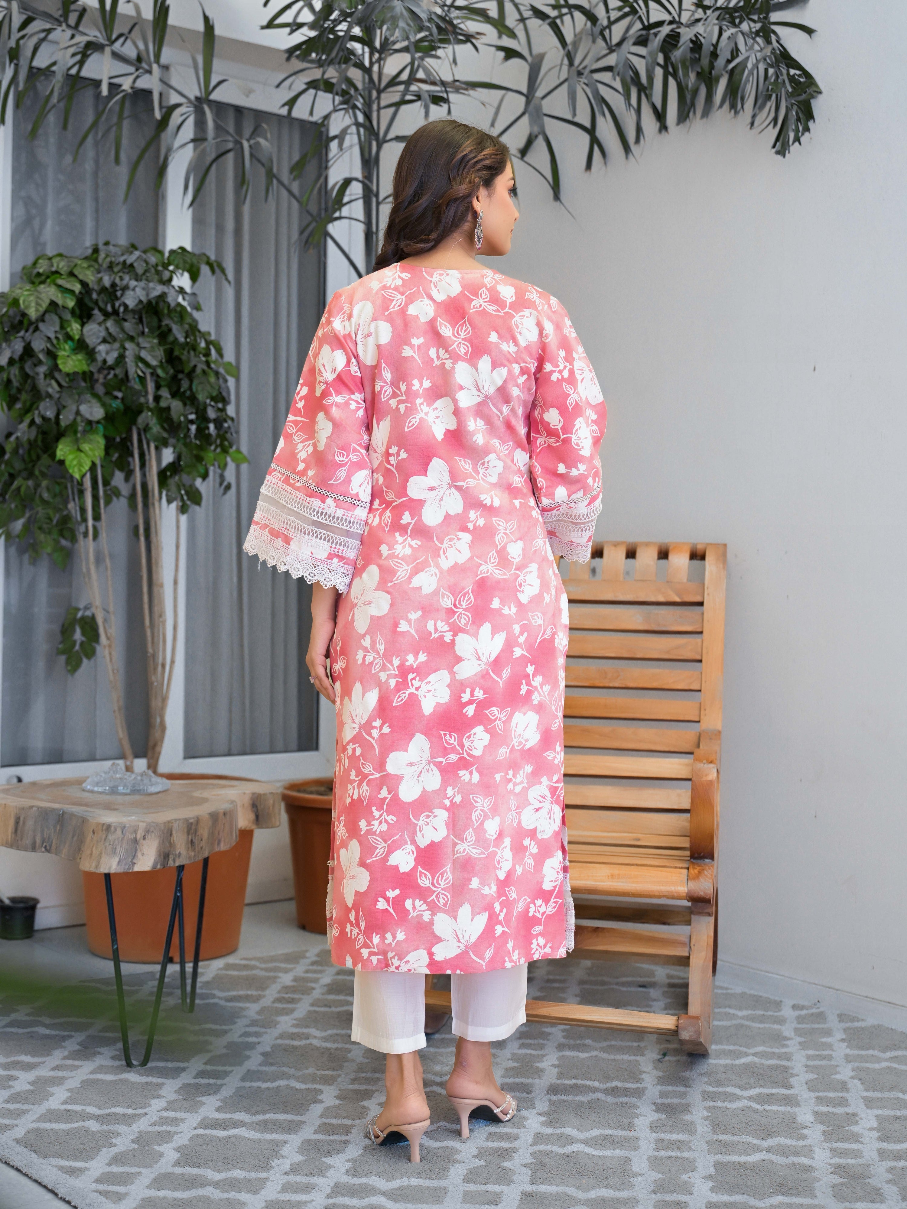 Pink Floral Printed Motifs Kurta Set for Women - TLS