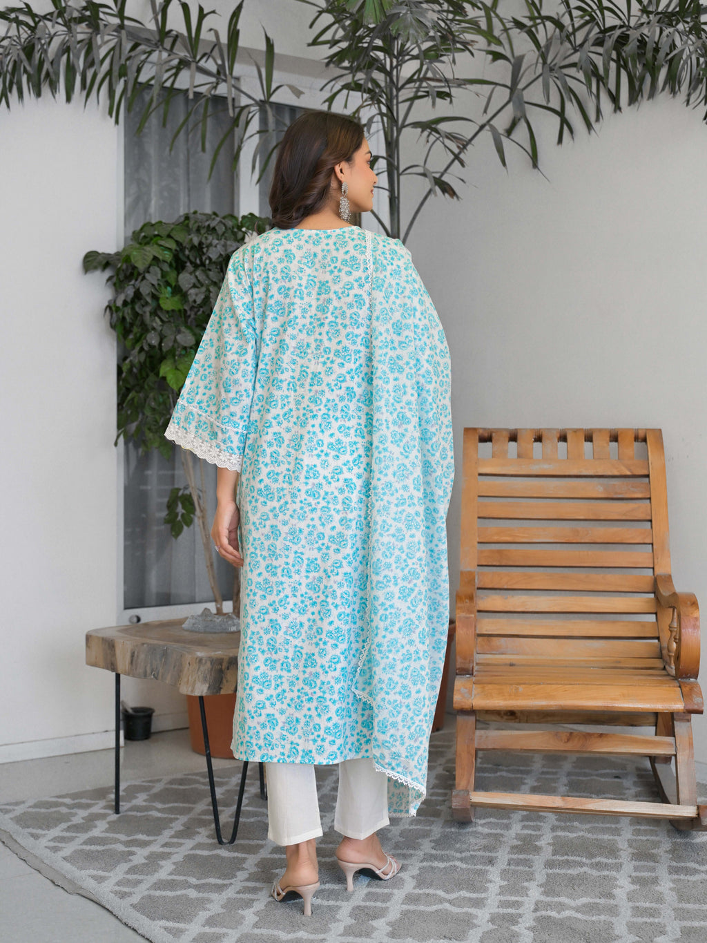 Light Blue Floral Printed Motifs Kurta Set for Women - TLS