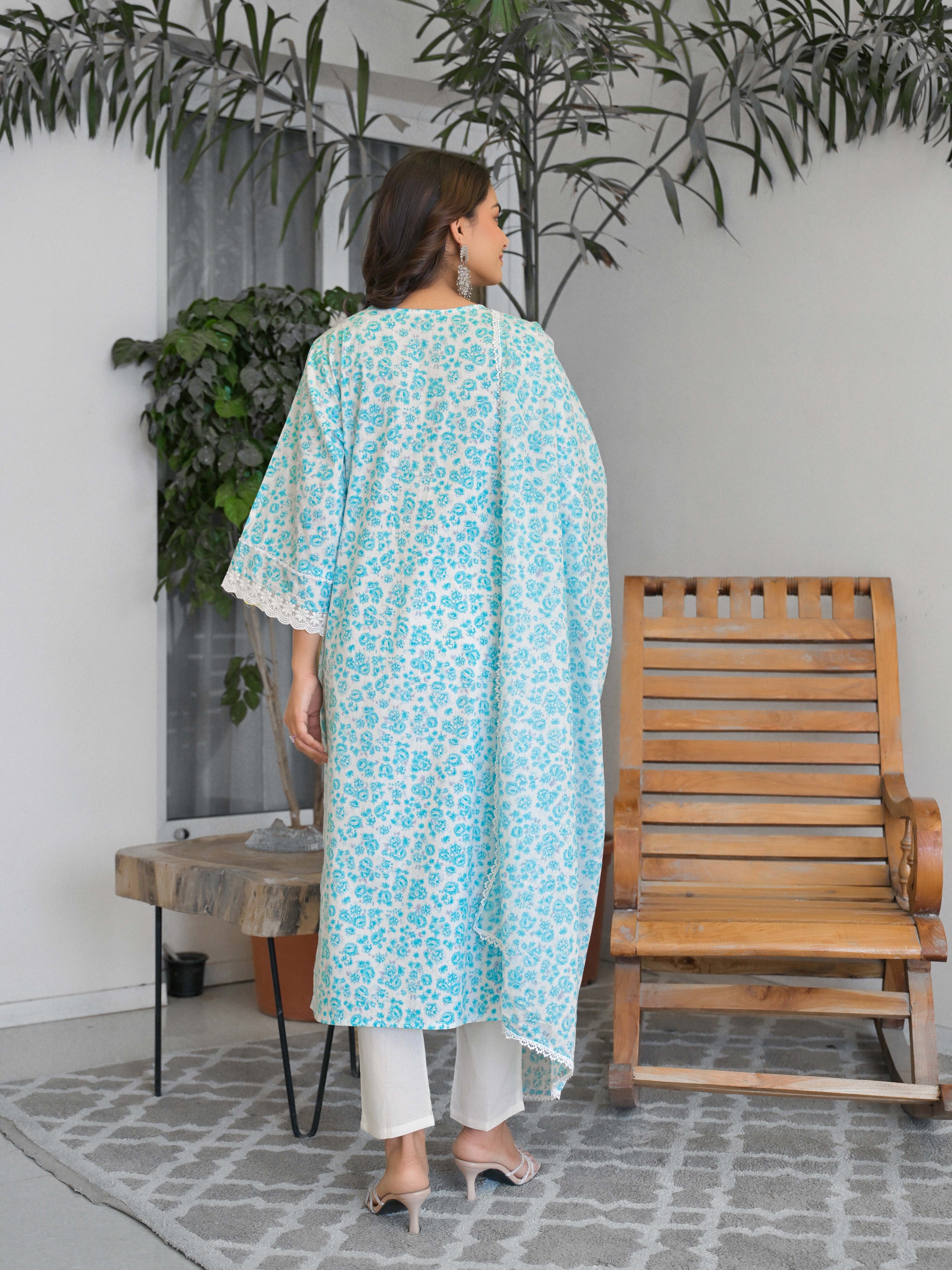 Light Blue Floral Printed Motifs Kurta Set for Women - TLS