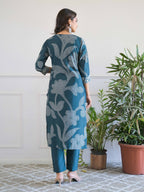 Teal  Floral Thread Work Kurta Set for Women - TLS