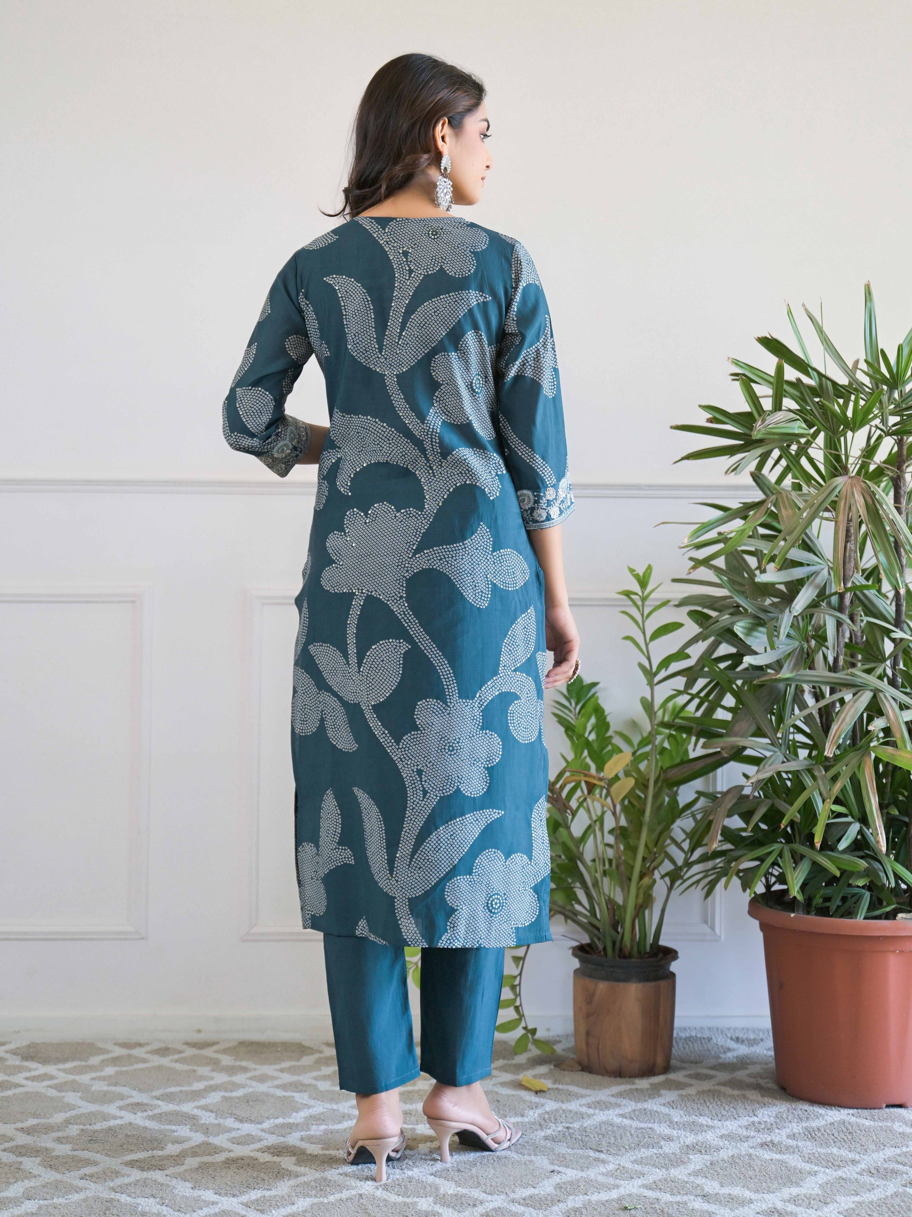 Teal  Floral Thread Work Kurta Set for Women - TLS