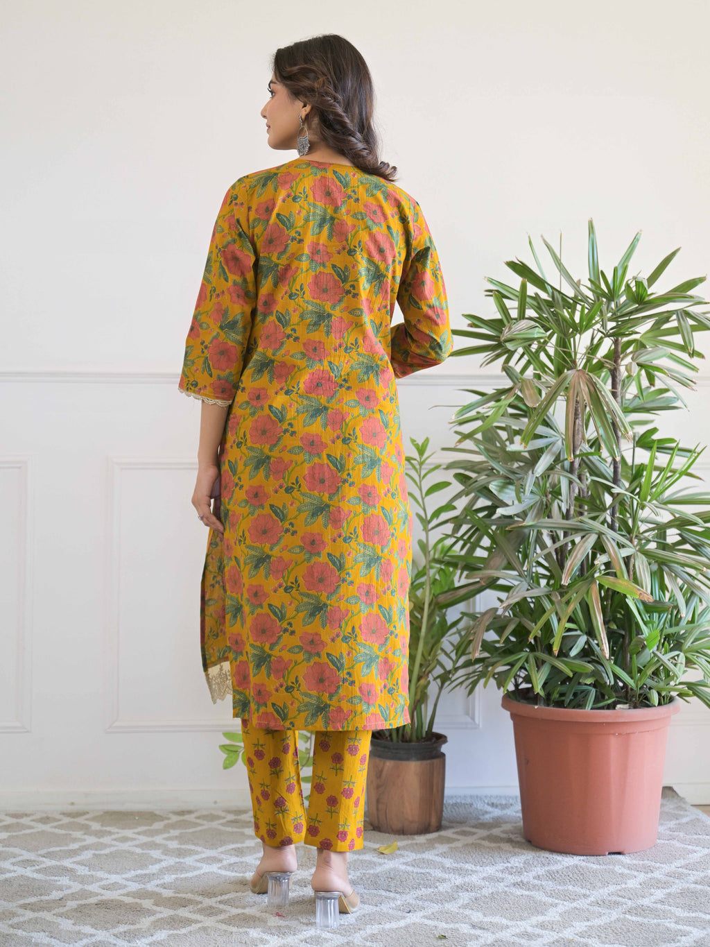 Mustard Floral Thread Work Kurta Set for Women - TLS