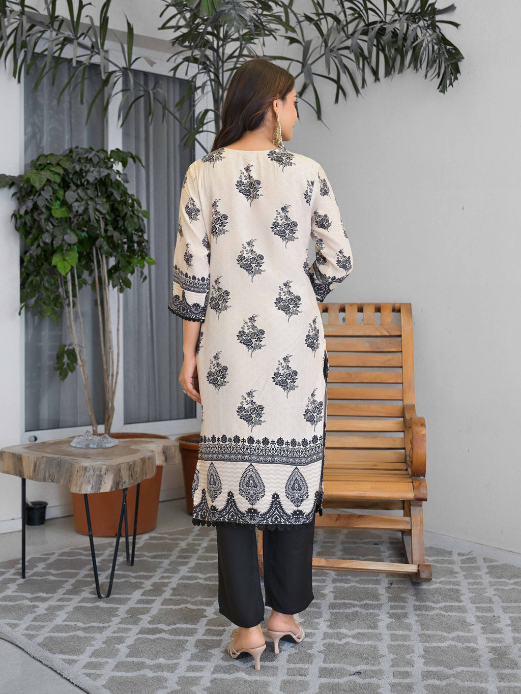 Black And White Motifs Embroidered Kurta Set for Women - TLS