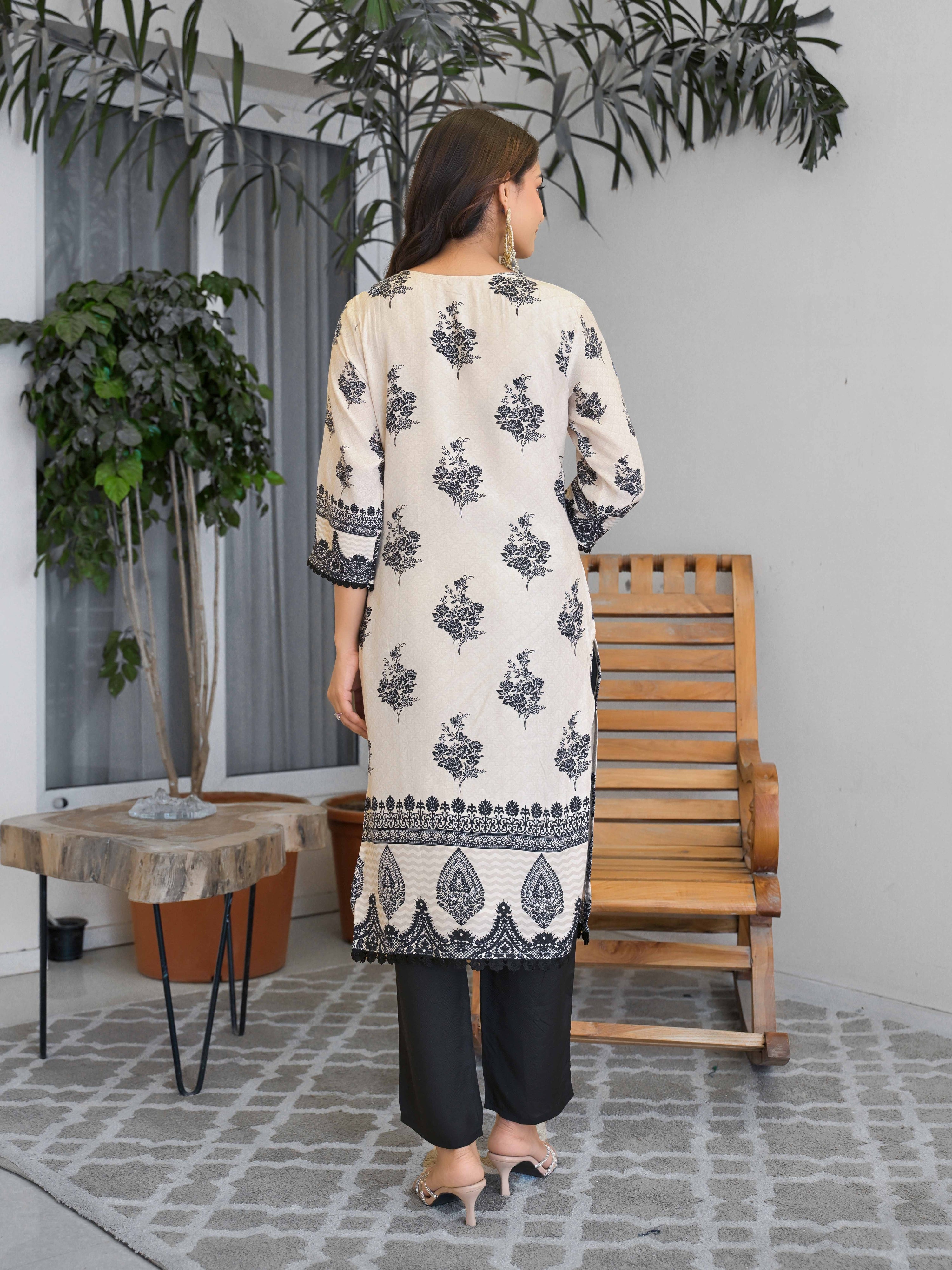 Black And White Motifs Embroidered Kurta Set for Women - TLS